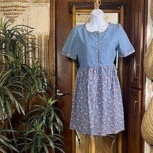 Handmade Cottagecore Denim Floral Dress XS Tie Back Rose Button Prairie Mini